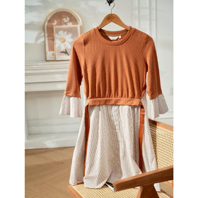 欧芮儿春假两件连衣裙女中长款收腰弹力针织上衣连衣裙针织条纹喇叭袖裙子