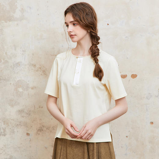 Famecoco范可儿花朵刺绣短袖t恤女圆领正肩宽松上衣 商品图2