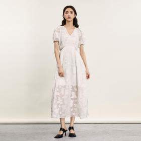 谜底提花长款连衣裙短袖2024年夏新品宫廷风V领收腰裙子242GL0524