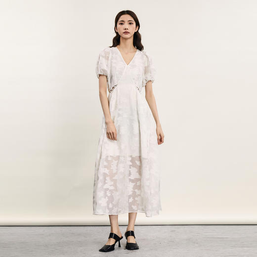 谜底提花长款连衣裙短袖2024年夏新品宫廷风V领收腰裙子242GL0524 商品图0