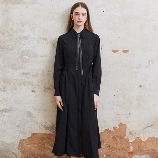 Famecoco范可儿捏褶长袖衬衫裙女士过膝长款连衣裙FAC1FA023 商品图3