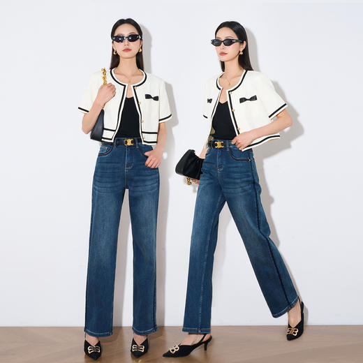 OLrain欧芮儿法式蓝色牛仔裤女早春2023年新款高腰直筒阔腿长裤 商品图0