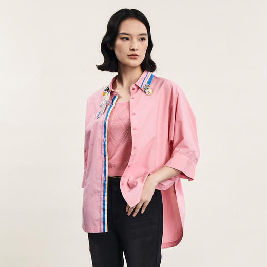 谜底大廓形衬衫分袖女2024年夏新品复古风章仔绣花衬衣242MC0545 商品图1