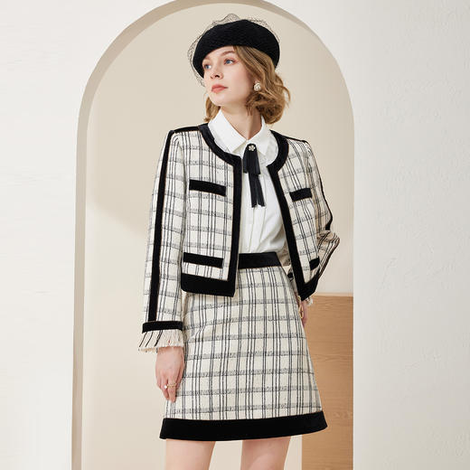 MC108斯尔丽两件套时尚格纹袖口毛边设计小香风拉链女式套装 商品图0