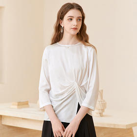Famecoco天丝垂感t恤女士七分袖垂感不规则内搭上衣FAC1BK005