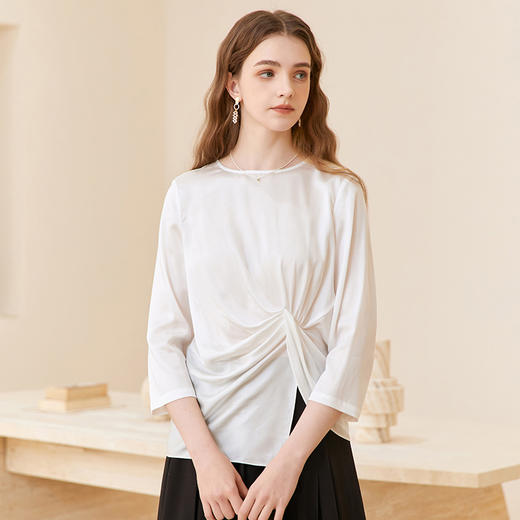 Famecoco天丝垂感t恤女士七分袖垂感不规则内搭上衣FAC1BK005 商品图0