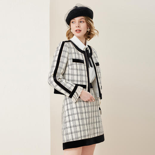 MC108斯尔丽两件套时尚格纹袖口毛边设计小香风拉链女式套装 商品图2