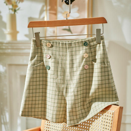 欧芮儿春新款高腰休闲格子短裤女修身显瘦宽松百搭阔腿裤 商品图0
