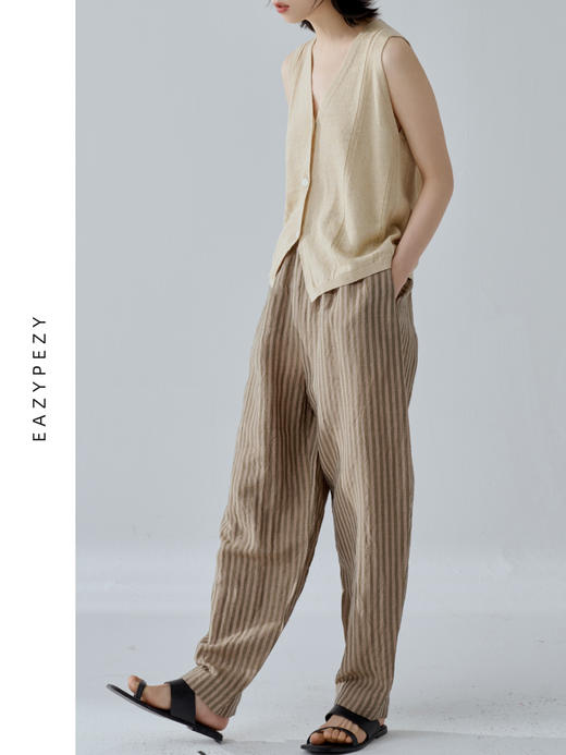 丝麻条纹锥形裤 商品图2