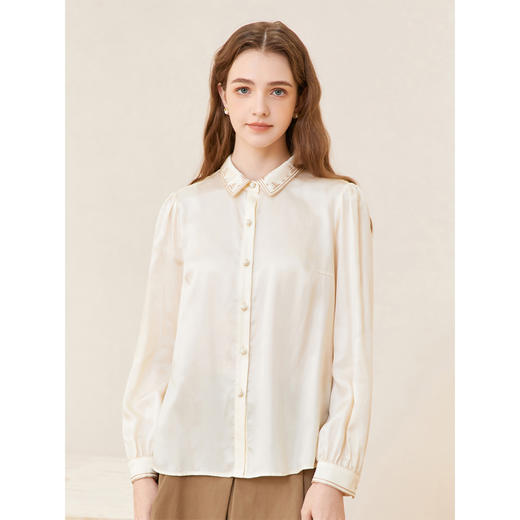 Famecoco范可儿天丝缎感刺绣衬衫女长袖垂感气质衬衣FAC1BH015 商品图0