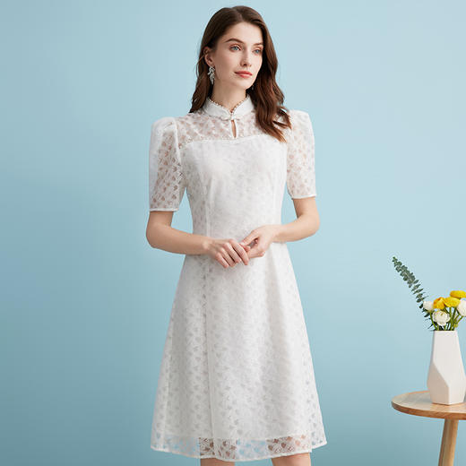 EITIE爱特爱温柔小白裙新中式立领盘扣泡泡袖连衣裙夏季新款B2407326 商品图2