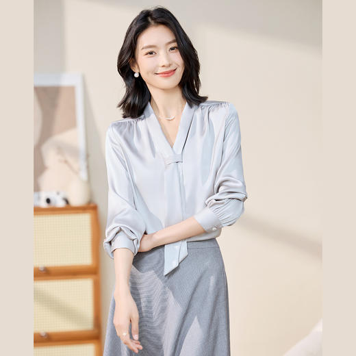 【系带领口】罗蒙长袖衬衫气质优雅清新日常商务通勤V领衬衫女 商品图3