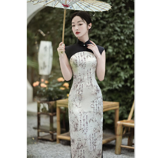 时尚拼接长款无袖醋酸缎旗袍，春夏新款改良中式少女旗袍GX183260 商品图0