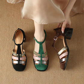 【预售5天】复古编织包头鞋，丁字扣带粗跟拼色中跟罗马女鞋YX&B922