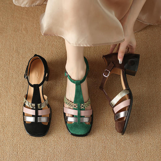 【预售5天】复古编织包头鞋，丁字扣带粗跟拼色中跟罗马女鞋YX&B922 商品图0