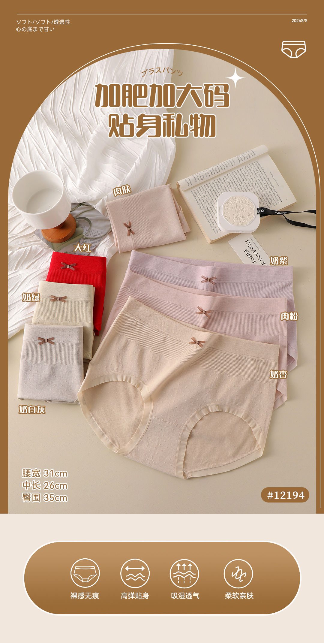 女士丰满加肥加大撞色提花朵无缝内裤12194