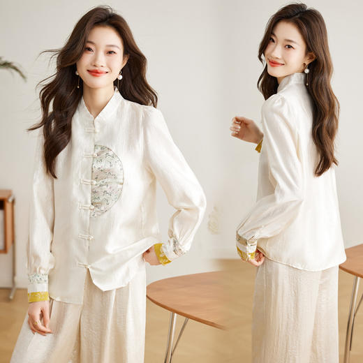 白色长袖新中式衬衫，立领国风复古刺绣提花盘扣上衣CC-QL-s6673 商品图0