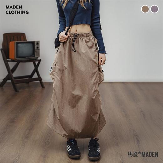 马登美式复古卡其色工装a字裙春款中腰多袋抽褶薄显瘦半身长裙女 商品图0