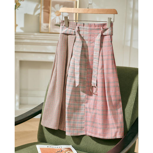 欧芮儿新款格子半身裙女 显瘦系带中长裙复古百搭A字裙 商品图0