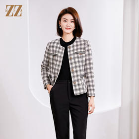 佐尔美春季新款 气质小香风千鸟格短款毛呢外套女E34ZD15