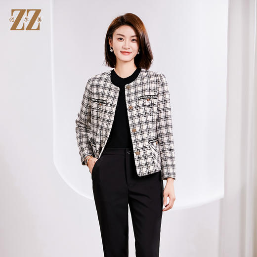 佐尔美春季新款 气质小香风千鸟格短款毛呢外套女E34ZD15 商品图0