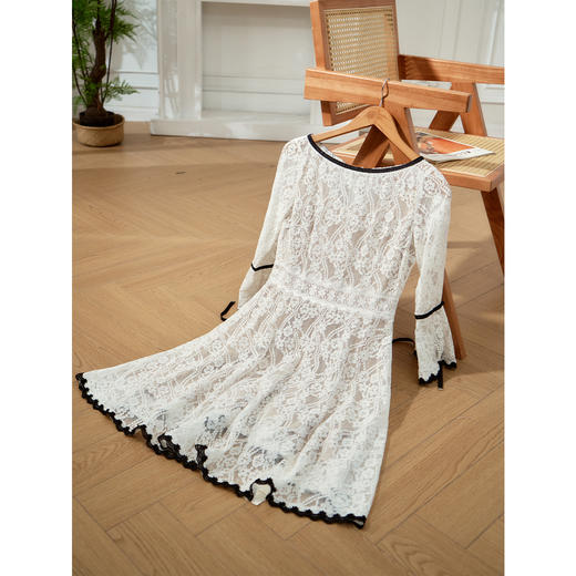 欧芮儿收腰白色a字裙七分喇叭袖蕾丝连衣裙女中长款女裙子 商品图2