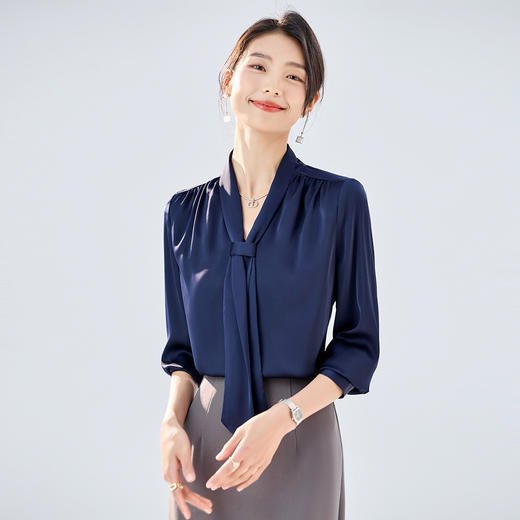 【系带领口】罗蒙长袖衬衫气质优雅清新日常商务通勤V领衬衫女 商品图2