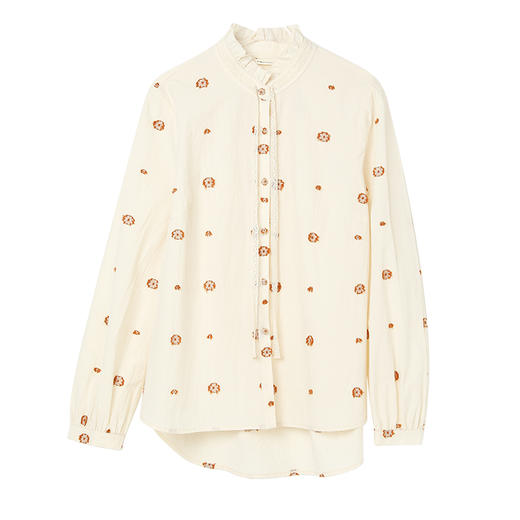 Famecoco全棉立体剪花衬衫女系带木耳边立领小众衬衣FAC1BH026 商品图6