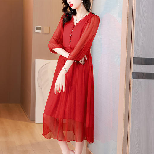 AHM-6501法式小香风V领雪纺春夏新款简约时尚气质优雅红色长裙 商品图3