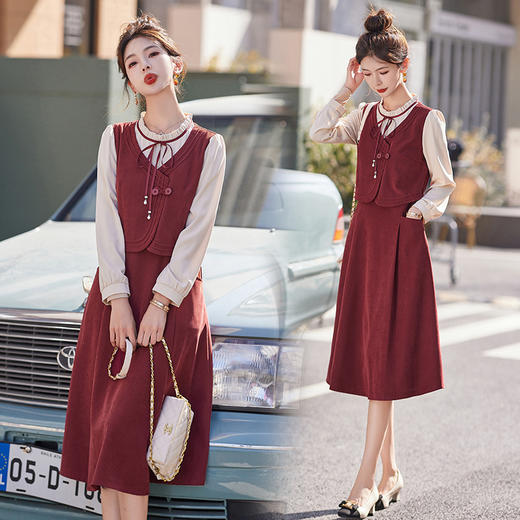 新品盘扣新中式2024新款显高显瘦假两件通勤淑女连衣裙HR-YLFS8881 商品图1