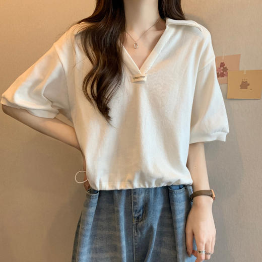 【舒适透气！POLO领短袖T恤】POLO领短袖T恤女ins，春夏宽松显瘦，洋气减龄小个子短款V领半袖上衣 商品图4
