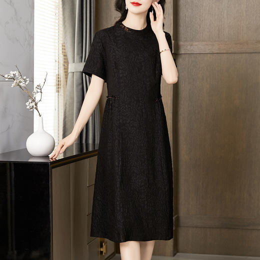 LS2601冠乐绉香云纱真丝连衣裙女2024新款夏季短袖圆领收腰气质桑蚕丝裙 商品图1