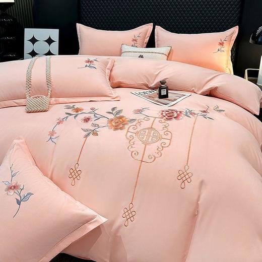 TZF-ins北欧风花开富贵纯色刺绣四件套床单被罩可裸睡亲肤款床上用品 商品图1