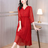 AHM-6501法式小香风V领雪纺春夏新款简约时尚气质优雅红色长裙 商品缩略图0