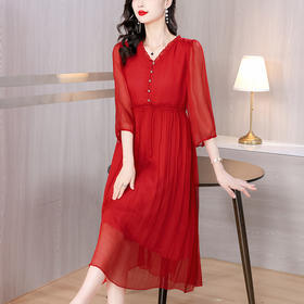 AHM-6501法式小香风V领雪纺春夏新款简约时尚气质优雅红色长裙