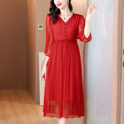 AHM-6501法式小香风V领雪纺春夏新款简约时尚气质优雅红色长裙 商品图2