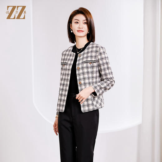 佐尔美春季新款 气质小香风千鸟格短款毛呢外套女E34ZD15 商品图2
