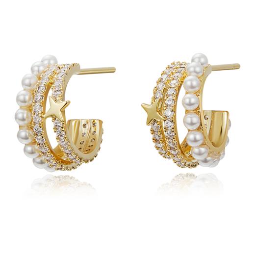 Oflye潮流饰品 S925银针法式金色半圈锆石星星耳钉人造珍珠多层耳环小众设计感精致气质耳饰配饰 商品图4