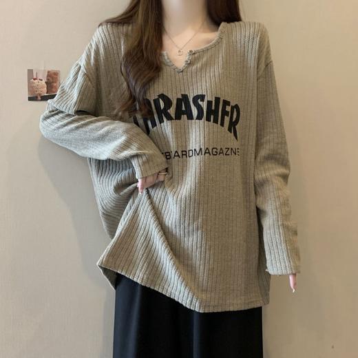 【胖妹妹装专属❗️坑条螺纹长袖】春季新款宽松显瘦长袖T恤，大码女装中长款上衣女 商品图5