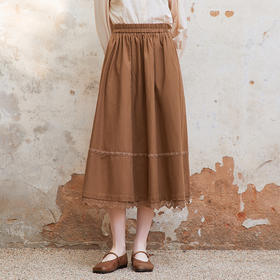 Famecoco松紧腰棉麻绣花大摆裙女士拼接花边半身裙FAC1HA003