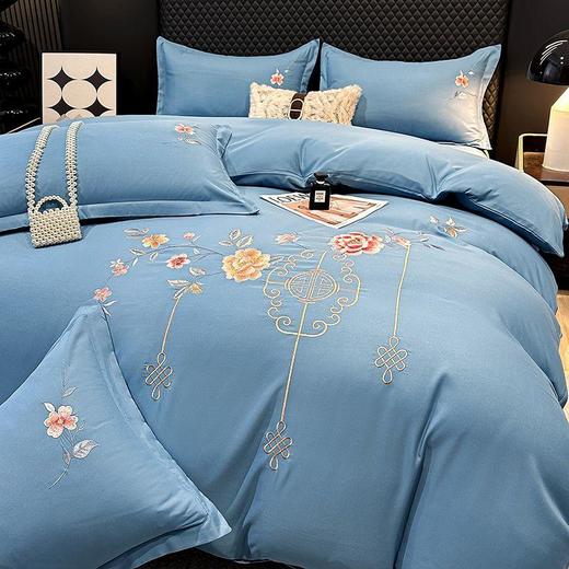 TZF-ins北欧风花开富贵纯色刺绣四件套床单被罩可裸睡亲肤款床上用品 商品图2