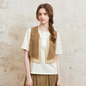 Famecoco范可儿假两件短款叠穿马夹女士复古开衫马甲FAC1CA004