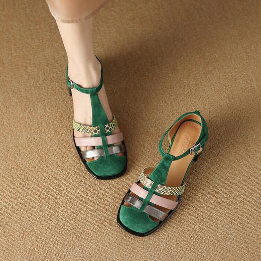 【预售5天】复古编织包头鞋，丁字扣带粗跟拼色中跟罗马女鞋YX&B922 商品图1