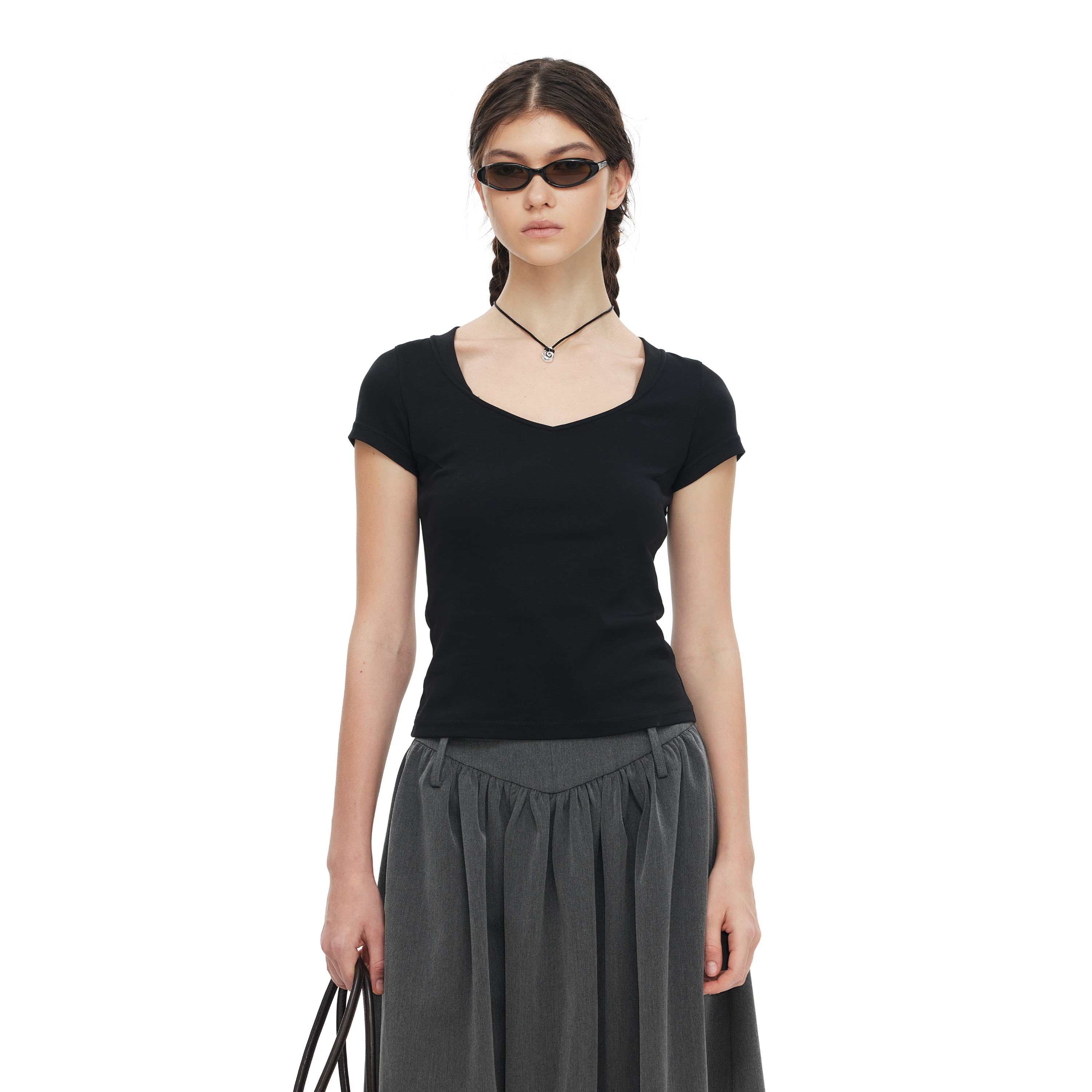 NUTH 凉感液氨纯棉低领修身显瘦短袖t恤女