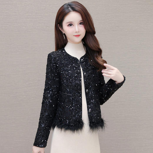 通勤小香风外套，春款修身时尚亮片洋气黑色外搭上衣QYM-XQD-19A6656-L 商品图1