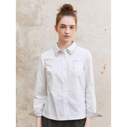 famecoco范可儿双层领撞色拼接衬衫女士长袖贴布衬衣FAC1BH009 商品图4