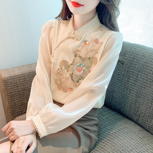 ALBB-新中式国风刺绣衬衫女长袖内搭雪纺上衣 商品图0
