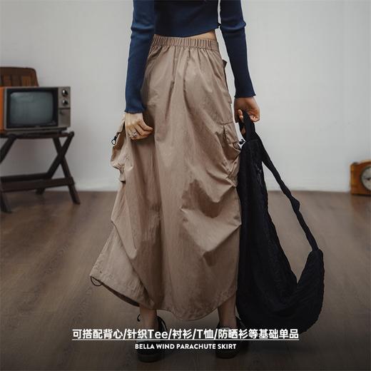 马登美式复古卡其色工装a字裙春款中腰多袋抽褶薄显瘦半身长裙女 商品图3