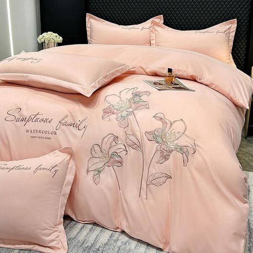 TZF-ins北欧风花开富贵纯色刺绣四件套床单被罩可裸睡亲肤款床上用品 商品图5