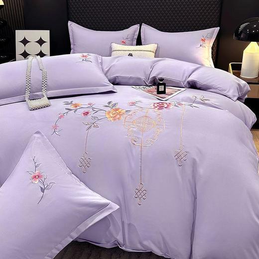TZF-ins北欧风花开富贵纯色刺绣四件套床单被罩可裸睡亲肤款床上用品 商品图0